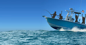 Family on a fishing boat during a shark fishing charter in Daytona Beach.